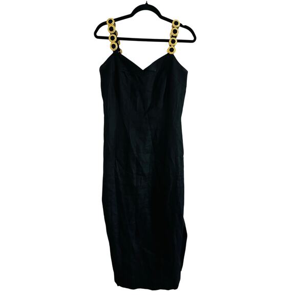 BOUILLABAISSE Deborah Vintage Black Linen Gold-Tone Metal Medallion Straps Dress - Picture 2 of 10